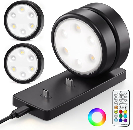 HOLKPOILOT Puck Lights with Charging Station, 2000Mah Rechargeable under Cabinet Lighting with Remote, 3 Color Temps &7 RGB Colors,Black Magnetic Closet Lights Wireless for Kitchen, Shelf(4 Pack)