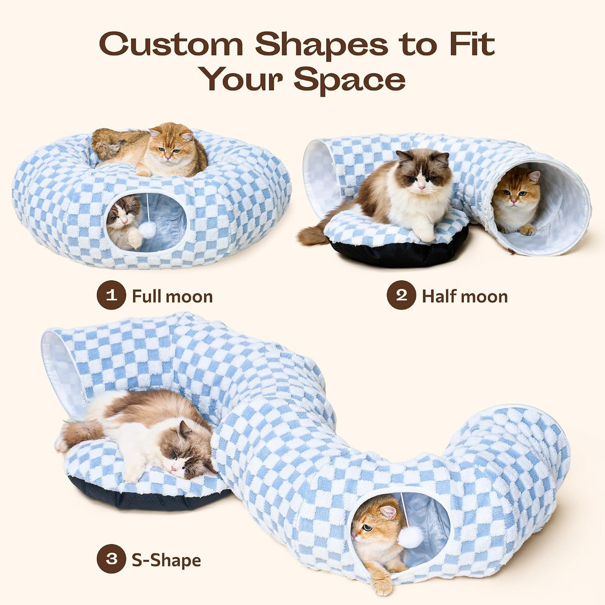 Meowfia Indoor Cat Tunnel with Donut Bed - Large Flexible Play Space for Multiple Pets - Circle or Snake Shape, Cozy Lounge (Azure Check)