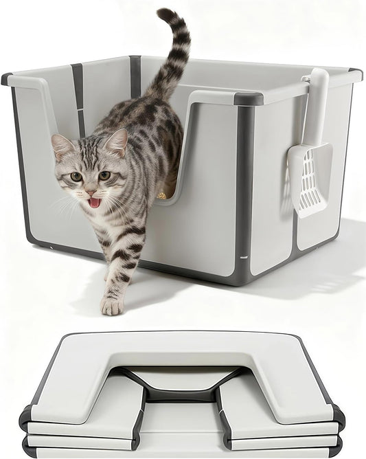 Large Cat Litter Boxes (16X20X12 Inch) with Scoop, Portable Cat Litter Box for Travel with Open Top & High Side, Foldable Box Easy to Carry to Indoor or Outdoor, for Kitty & Big Cats