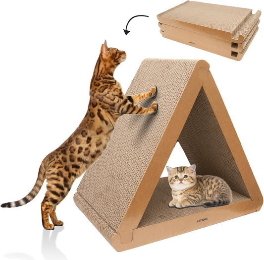3 Pack Cardboard Cat Scratcher & Scratch Pad, Buildable Triangle Cat House W/ 6-Sided Use, Furniture Protection for Indoor Cats
