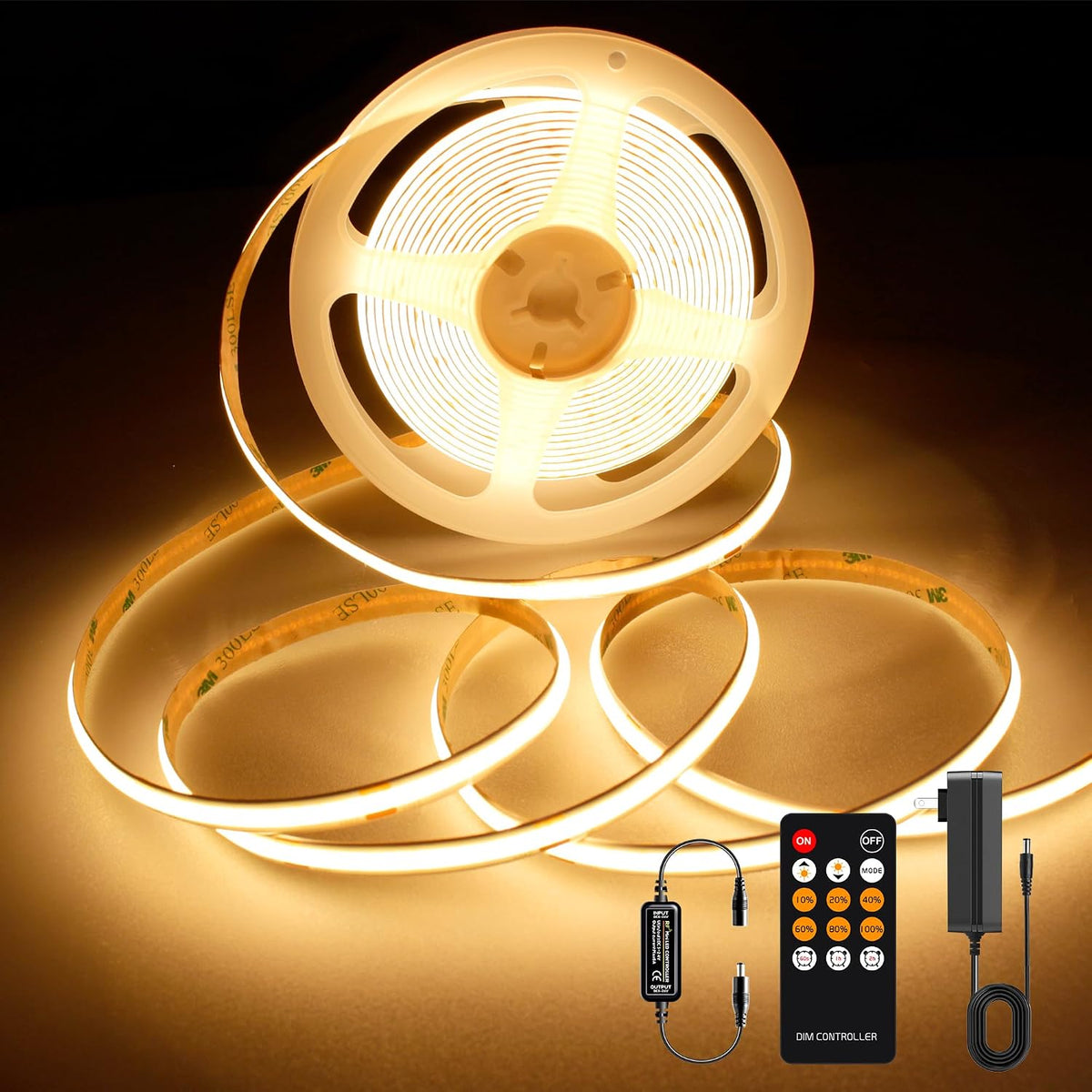 AXMOTUT COB LED Strip Light Warm White, High Bright LED Lights with 2400Leds, RF Remote and UL Power Supply, 2700K Dimmable LED Rope Lights for Mirror, Bedroom, Kitchen, DIY Home Decoration