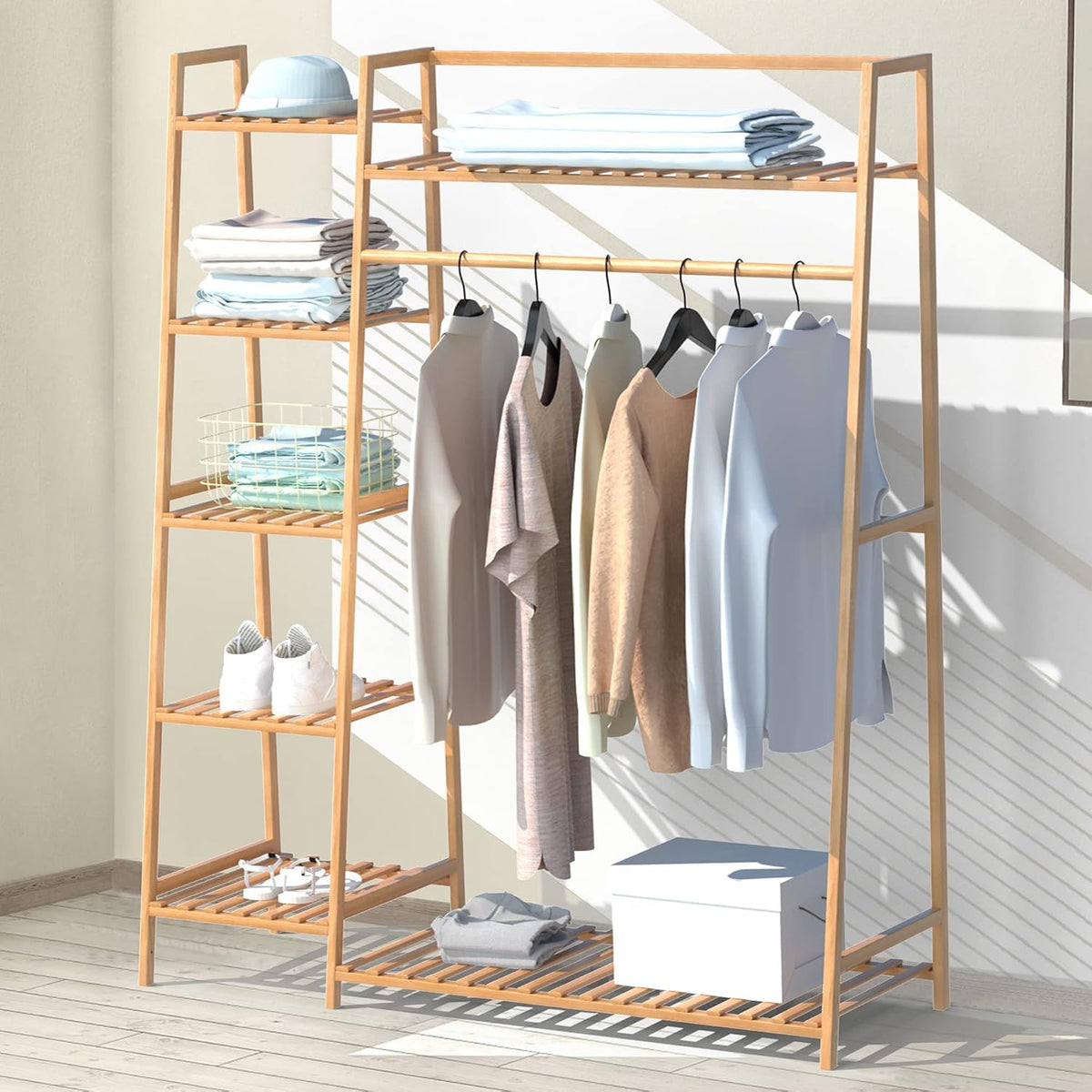 RELIANCER Bamboo Clothing Garment Rack,Free Standing Clothes Coat Hanger,Closet Organizer W/Shoe Rack,Multi-Tiered Wardrobe Storage Shelves,Clothes Hanging Racks for Hall,Living Room,Bedroom,Entryway