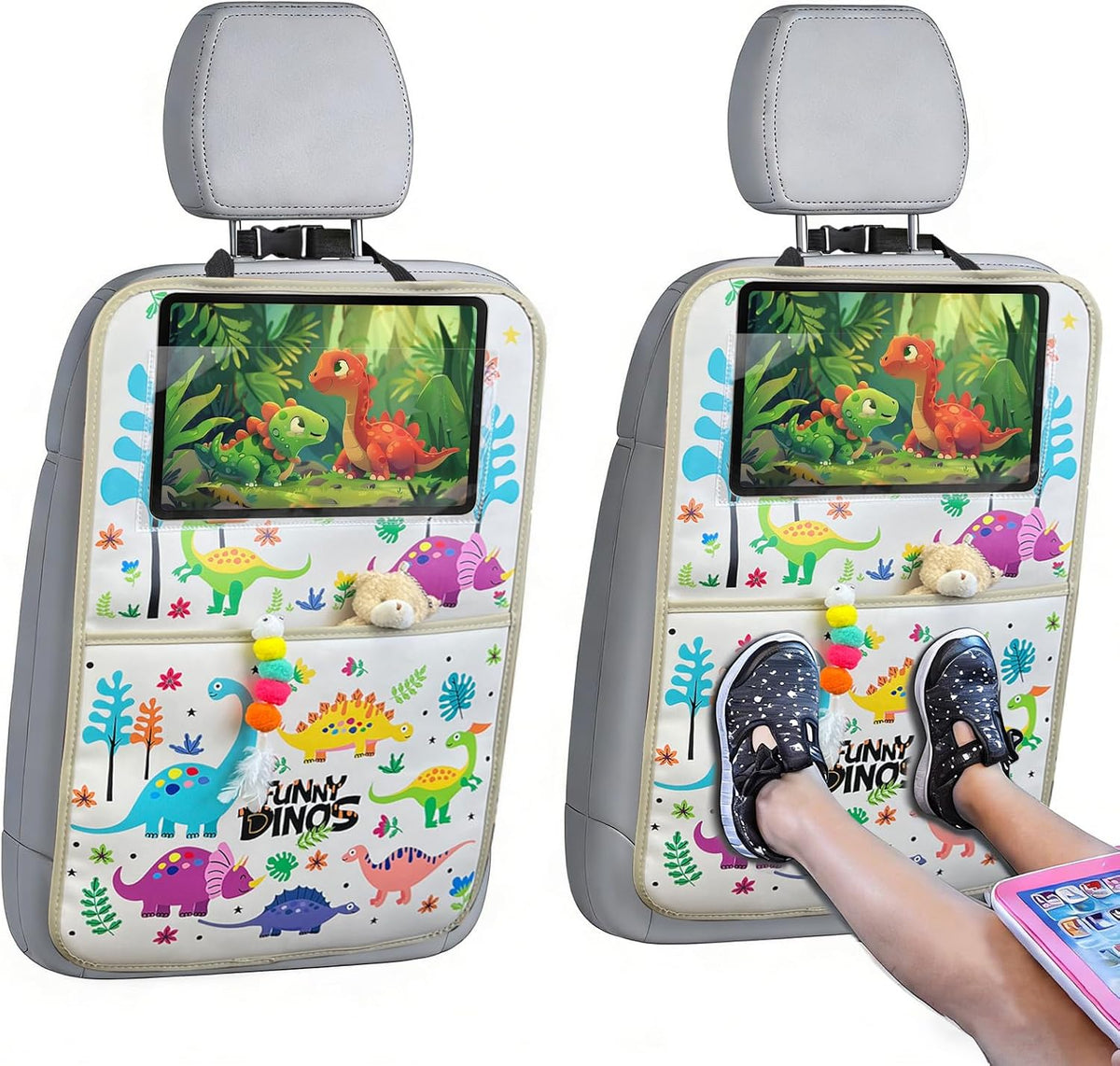 Kids Leather Car Backseat Organizer with Foldable Table Tray, Car Storage Organizer with Tablet Holder, Car Seat Back Protectors Kick Mats, Travel Accessories (Dinosaur)