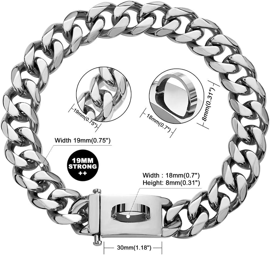 Dog Chain Collar Walking Metal Collar with Design Secure Buckle Cuban Link Strong Heavy Duty Chew Proof for Large Dogs(19Mm, 22")
