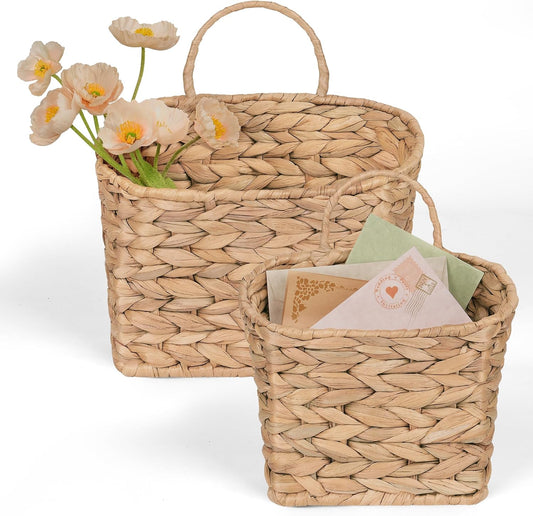 Iegrow Set of 2 Hanging Basket, Wicker Wall Basket Natural Water Hyacinth, Hanging Baskets for Organizing and Decor, Storage Baskets for Door Mounted Entryway Flower Mail Plant Garden