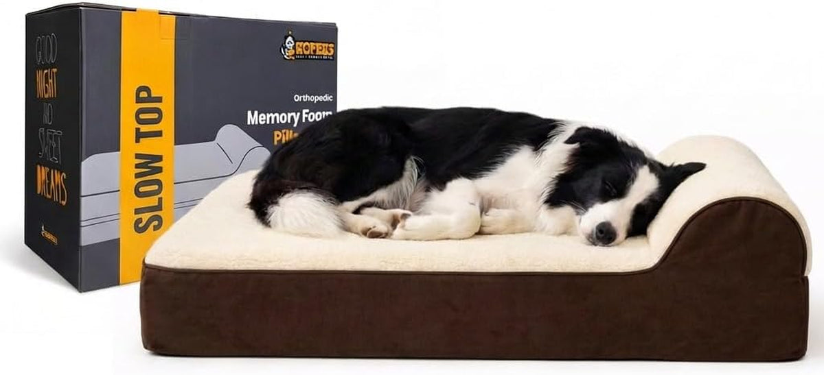 5.5 Inch Thick High Grade Orthopedic Memory Foam Dog Bed with Pillow and Easy to Wash Removable Cover with Anti-Slip Bottom. Free Waterproof Liner Included - for Medium and Large Dogs - Plush Brown