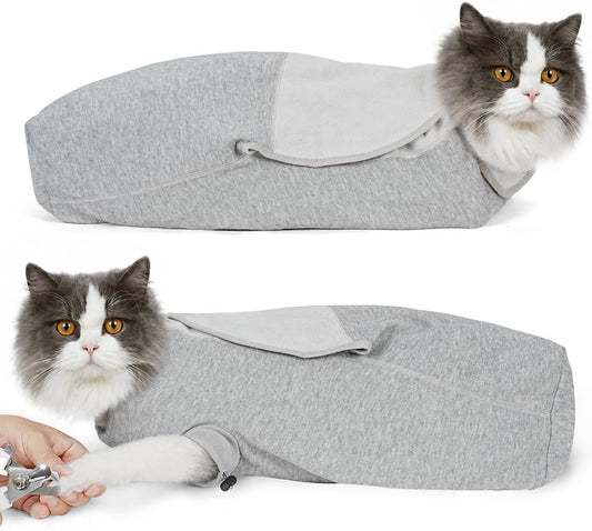 Cat Wrap for Cutting Nails, Self-Adhesive Cat Nail Clipping Restraint Bag, Anti-Scratch Cat Grooming Wrap Swaddle for Meds, Subq Fluids, Ear Cleaning, Teeth Brushing & Vet Visits,Grey,S