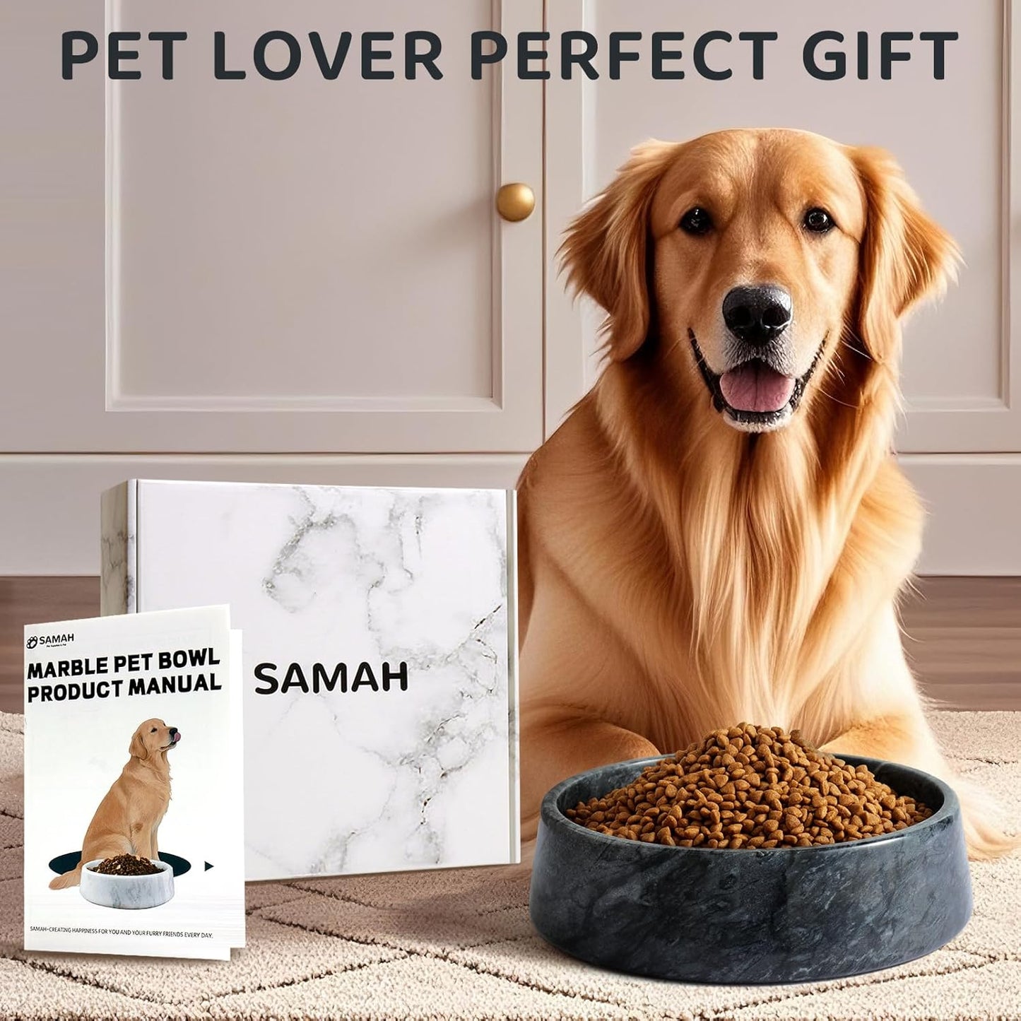 SAMAH Black Marble Dog Bowl, Non-Slip Non-Tipping Heavy Dog Food Bowl, Large Weighted Stone Dish, Natural Marble Pet Water Bowl, Easy to Clean, Present for Cat & Dog Lovers, Holds 6 Cups(6 Lbs)