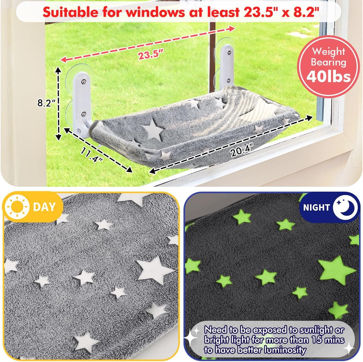 Zoratoo Cat Window Perch, Glow in the Dark Cordless Foldable Pet Hammock Bed for Window with Sturdy Metal Frame, Glowing Stars Pattern Resting Seat for Indoor Cats (Stars - M)