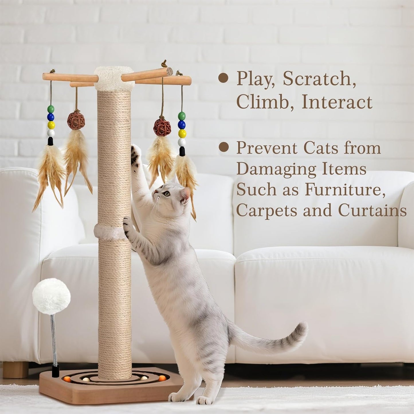 Cat Scratching Post, Sisal, Interactive Furniture Toys for Indoor Cats Adults, 2 Mounting Methods Scratcher Tree Tower with Hanging and Ball Track, Activity Center for Kitten, 25 Inches