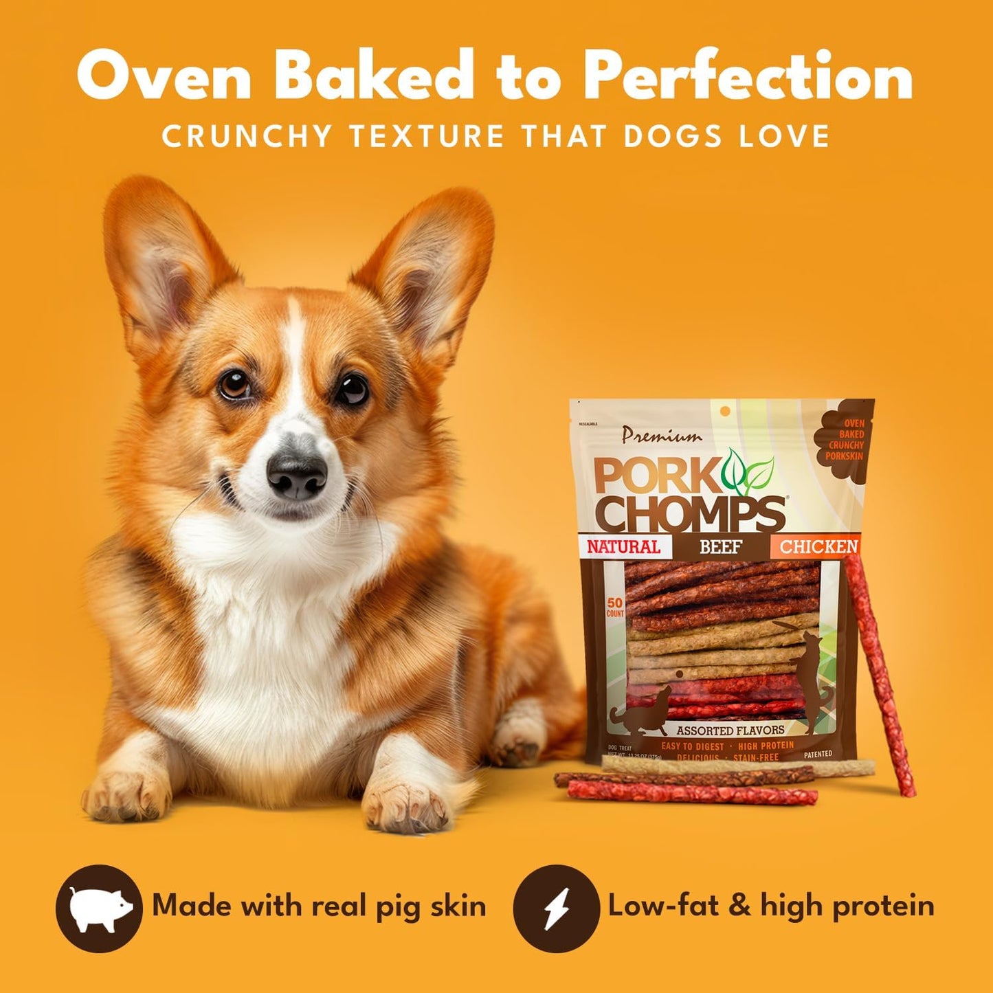 Pork Chomps Dog Chews, 5 Inch Munchy Sticks, 50 Count - Assorted Flavors: Roasted Pork, Chicken, & Bacon - Long-Lasting Treats for Dogs - High Protein, Low Fat, Healthy & Delicious Chews (1 Pack)