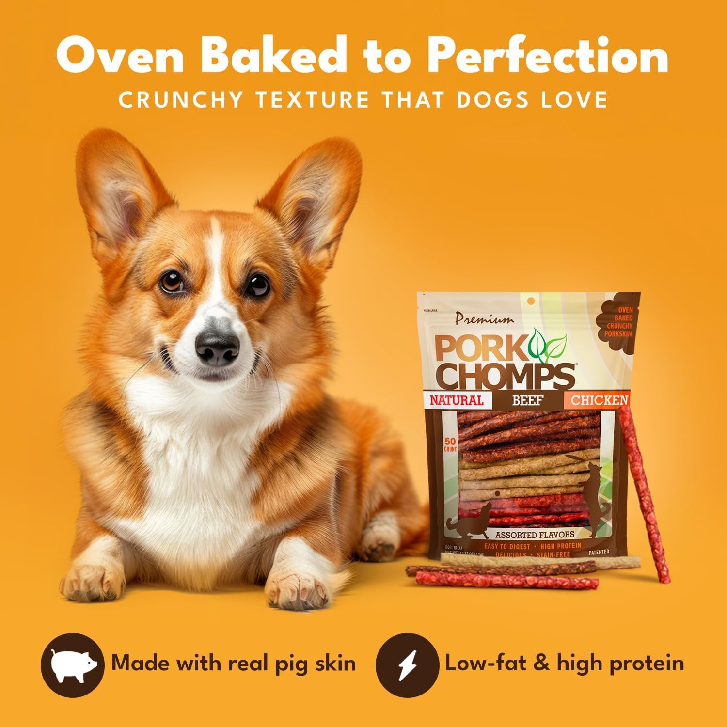 Pork Chomps Dog Chews, 5 Inch Munchy Sticks, 50 Count - Assorted Flavors: Roasted Pork, Chicken, & Bacon - Long-Lasting Treats for Dogs - High Protein, Low Fat, Healthy & Delicious Chews (1 Pack)