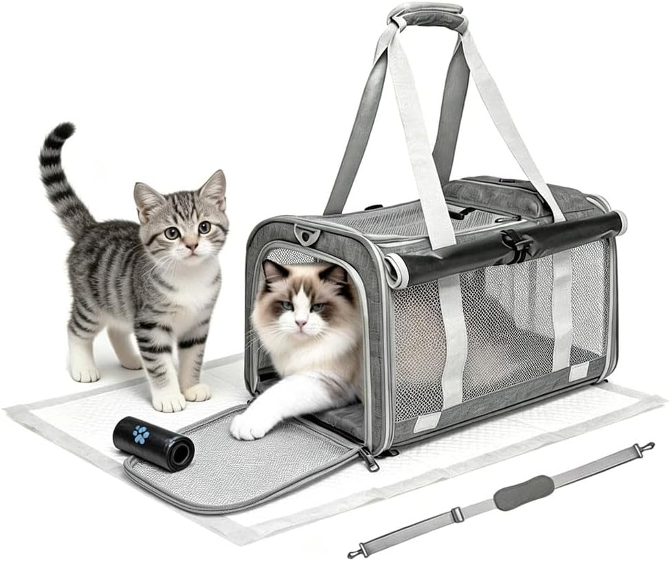 Cat Carrier Soft Sided Dog Carrier with 1 Poop Bags and 5 Pee Pads,Airline Approved Pet Carrier for Small Dog/Cat Bag(18.5" L X 11.8" W X 11.4" H),Ideal for Medium-Large Cats Small Dogs (Gray)