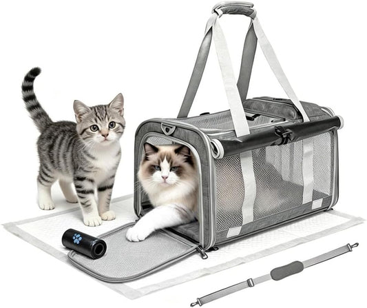 Cat Carrier Soft Sided Dog Carrier with 1 Poop Bags and 5 Pee Pads,Airline Approved Pet Carrier for Small Dog/Cat Bag(18.5" L X 11.8" W X 11.4" H),Ideal for Medium-Large Cats Small Dogs (Gray)