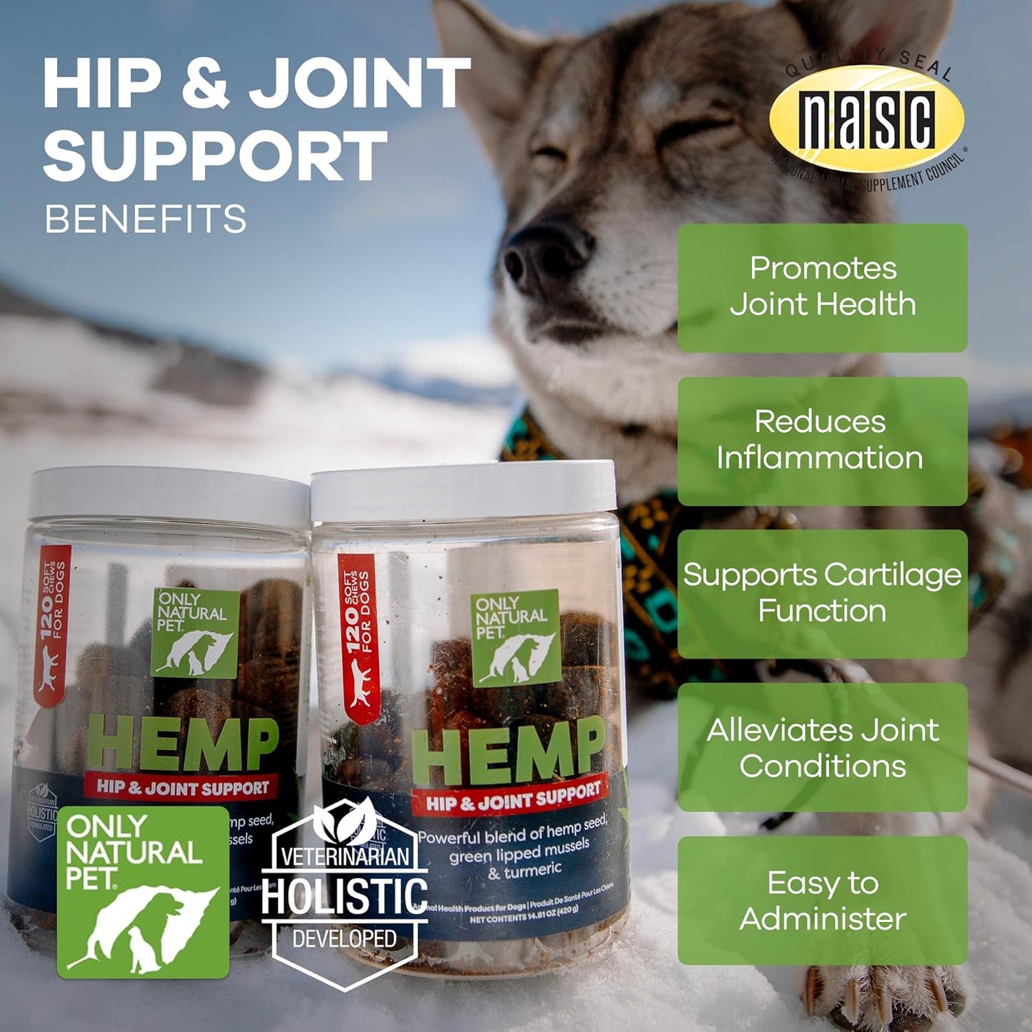 Only Natural Pet Hemp Hip & Joint Support for Dogs - Supplement for Mobility Wellness Pain Relief Healthy Inflammatory & Bone Stiffness - Chews W/Fatty Acid Blend Mussels & Turmeric - 120 Count (H/J)