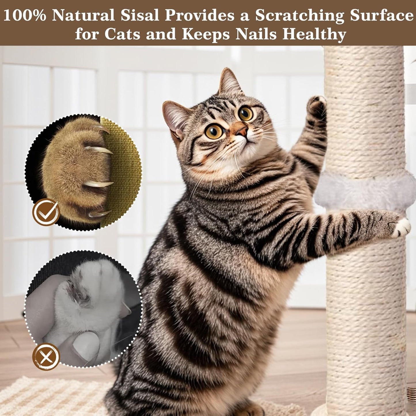 Cat Scratching Post, Sisal, Interactive Furniture Toys for Indoor Cats Adults, 2 Mounting Methods Scratcher Tree Tower with Hanging and Ball Track, Activity Center for Kitten, 25 Inches