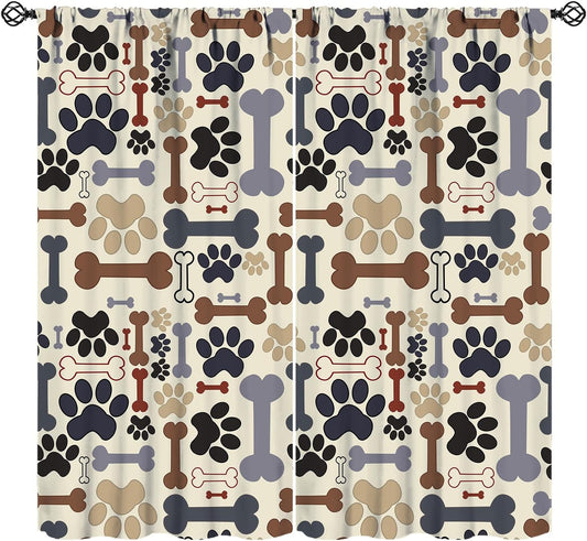 Dog Paw Print Blackout Curtains, Cartoon Dog Paw Print and Bones Window Treatment Thermal Insulated Curtain for Living Room Bedroom 2 Panels Set, 42X45 Inch