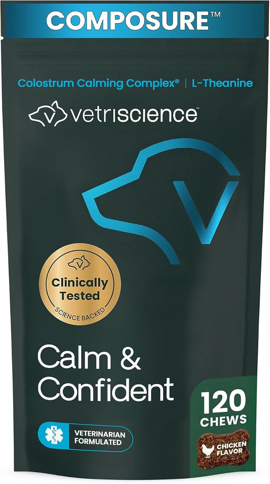Vetriscience Calm & Confident Chews for Dogs, Chicken, 120 Count | Clinically Tested Calming & Anxiety Supplement for Dogs, Reduce Stress & Fear, Ideal for Thunderstorms, Fireworks & Travel