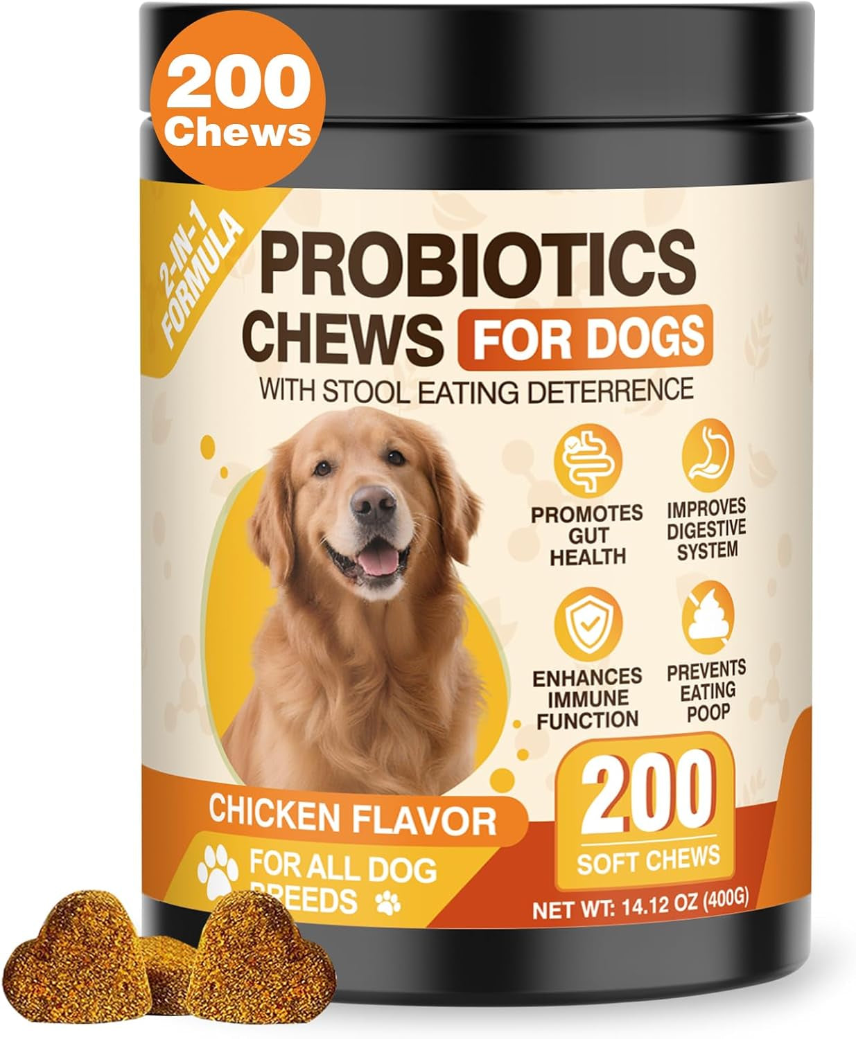 200 Count Probiotic Chew for Dogs-Probiotics Chews for Gut Digestive Health & Itchy Skin Support Relieve Diarrhea Enhance Immunity Breath Freshener with Enzymes Prebiotic Pumpkin-Chicken