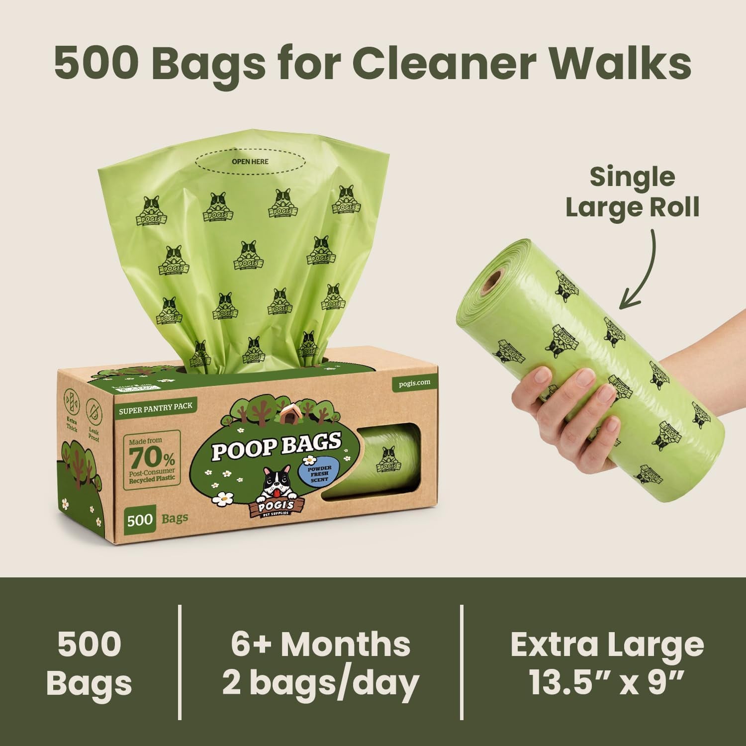 Pogi'S Poop Bags – Large, Leak-Proof Dog Waste Bags for Yard or Home Use, Fresh Scent (Single Roll, 500-Count)