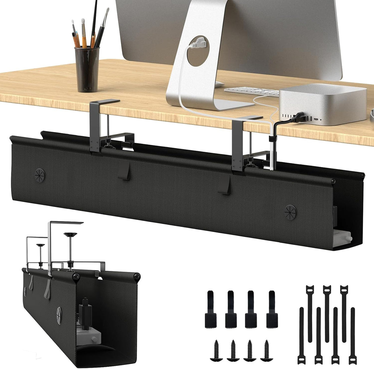 Under Desk Cable Management Tray, 40-Inch No-Drill Cord Organizer with Anti-Sag Reinforced Base, Fabric Wire Management Hider for Standing Desk, Office & Gaming Accessories - Black