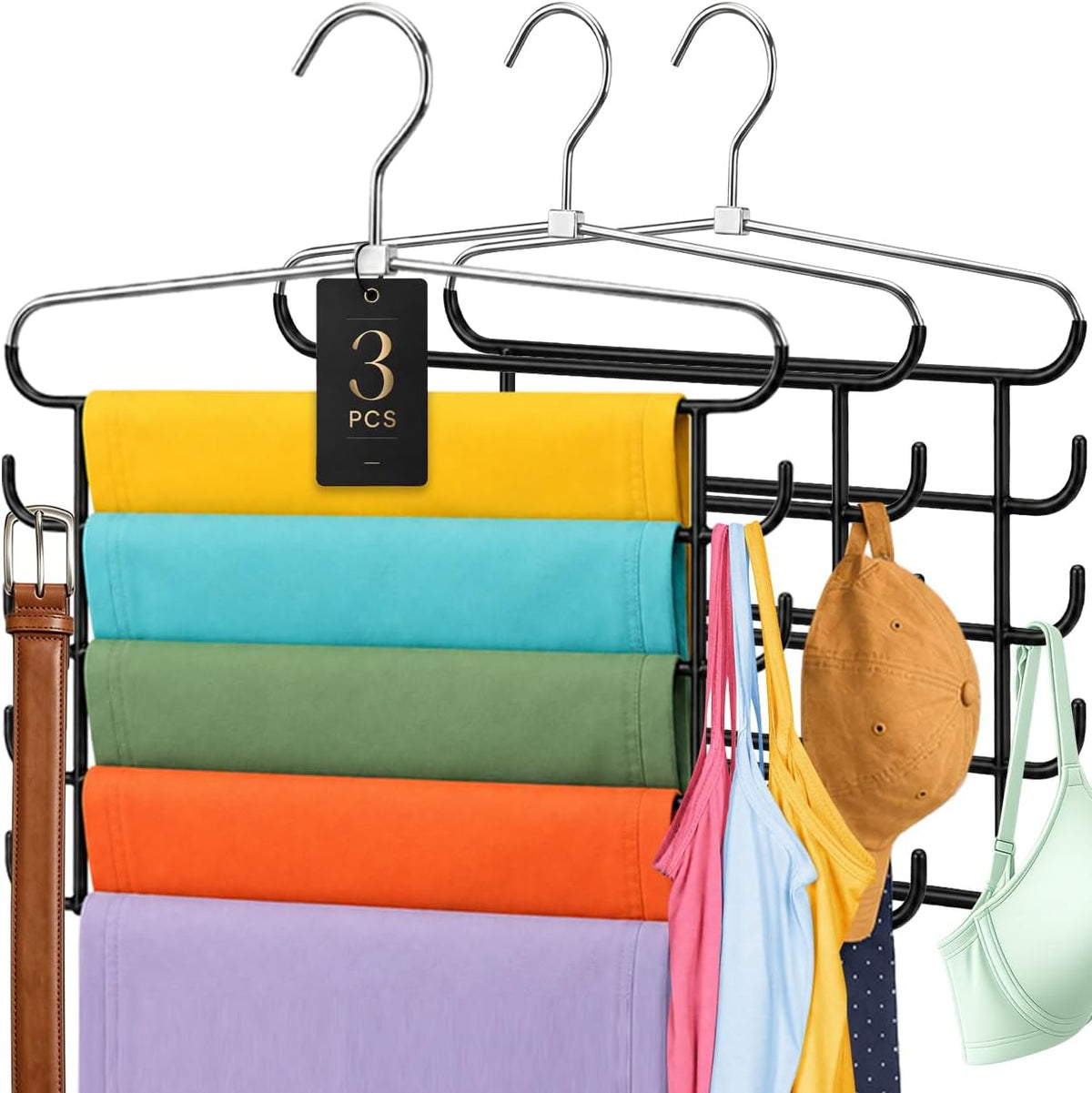 HEYHOUSE 3 Pack Heavy Duty 5-Tier Metal Pants Hangers Space Saving Black