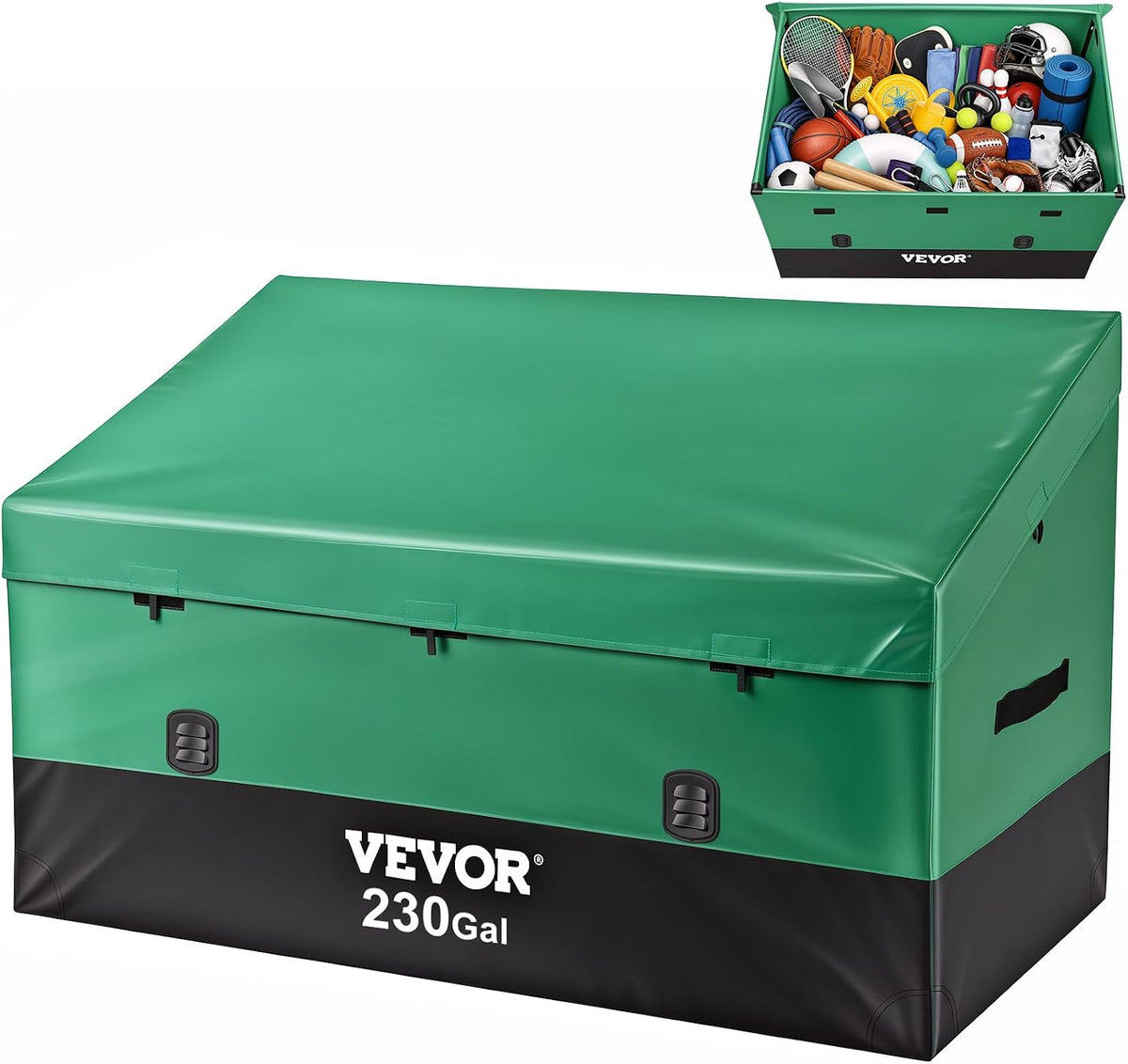 VEVOR Outdoor Storage Box, 230 Gallon Waterproof PE Tarpaulin Deck Box W/Galvanized Frame, All-Weather Protection & Portable, for Camping, Garden, Poolside, and Yard, Black & Green