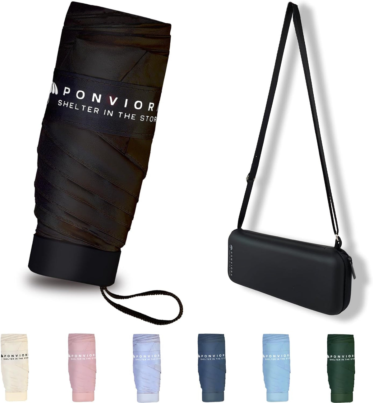 Mini Umbrella for Travel Compact Folding Windproof, Lightweight Pocket Size for Backpack/Purse - UPF 50+ Sun & Rain Protection with Case & Adjustable Shoulder Straps- Manual Open for Women, Men, Kids