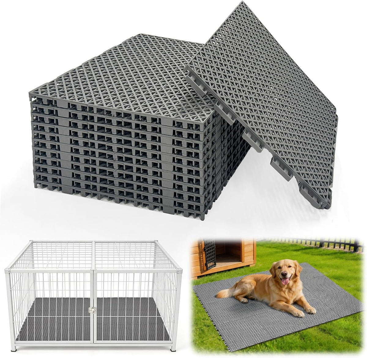 12Pcs 12 * 12 * 0.51Inch Dog Kennel Flooring Interlocking Drainage Waterproof Non-Slip Splicing Dog Kennels Flooring Decking Outdoor Kennel Run Flooring Panel for Dogs,Grey