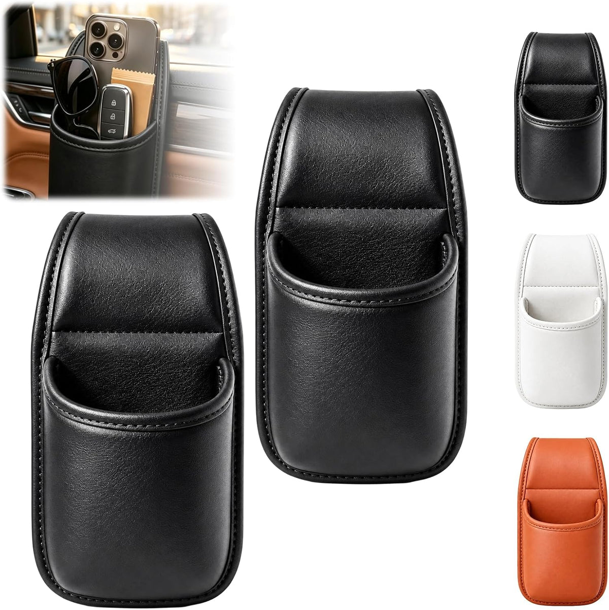 2 Pack Leather Car Door Cup Holder for Window,Multi‑Purpose Car Door Side Hanging Holder,Clip on Extra Large Drink Organizer for Phone Drink Bottle Sunglasses,Wide-Mouth Organizer(Black)