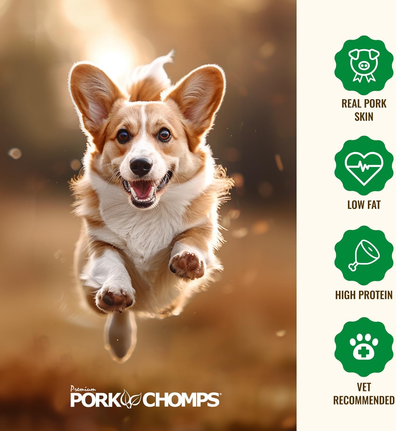 Pork Chomps Roasted Pork Skin Dog Chews, 6 Inch Rib Shapes, 10 Count, Pack of 1 - Long-Lasting Treats for Dogs - High Protein, Rawhide-Free, Low Fat, Healthy & Delicious Chews