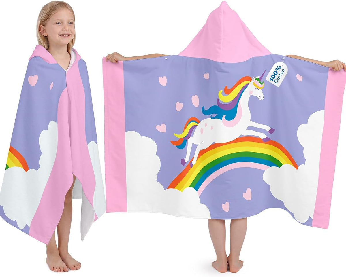Kids Hooded Beach Towel, 100% Cotton Super Soft and Absorbent Bath Towel, 50" X 30" Large Size with 2 Snap Buttons for Ages 3-10, Cozy Cover up for Pool, Beach, and Bath Time (Rainbow Unicorn)