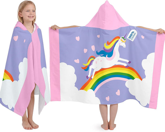 Kids Hooded Beach Towel, 100% Cotton Super Soft and Absorbent Bath Towel, 50" X 30" Large Size with 2 Snap Buttons for Ages 3-10, Cozy Cover up for Pool, Beach, and Bath Time (Rainbow Unicorn)
