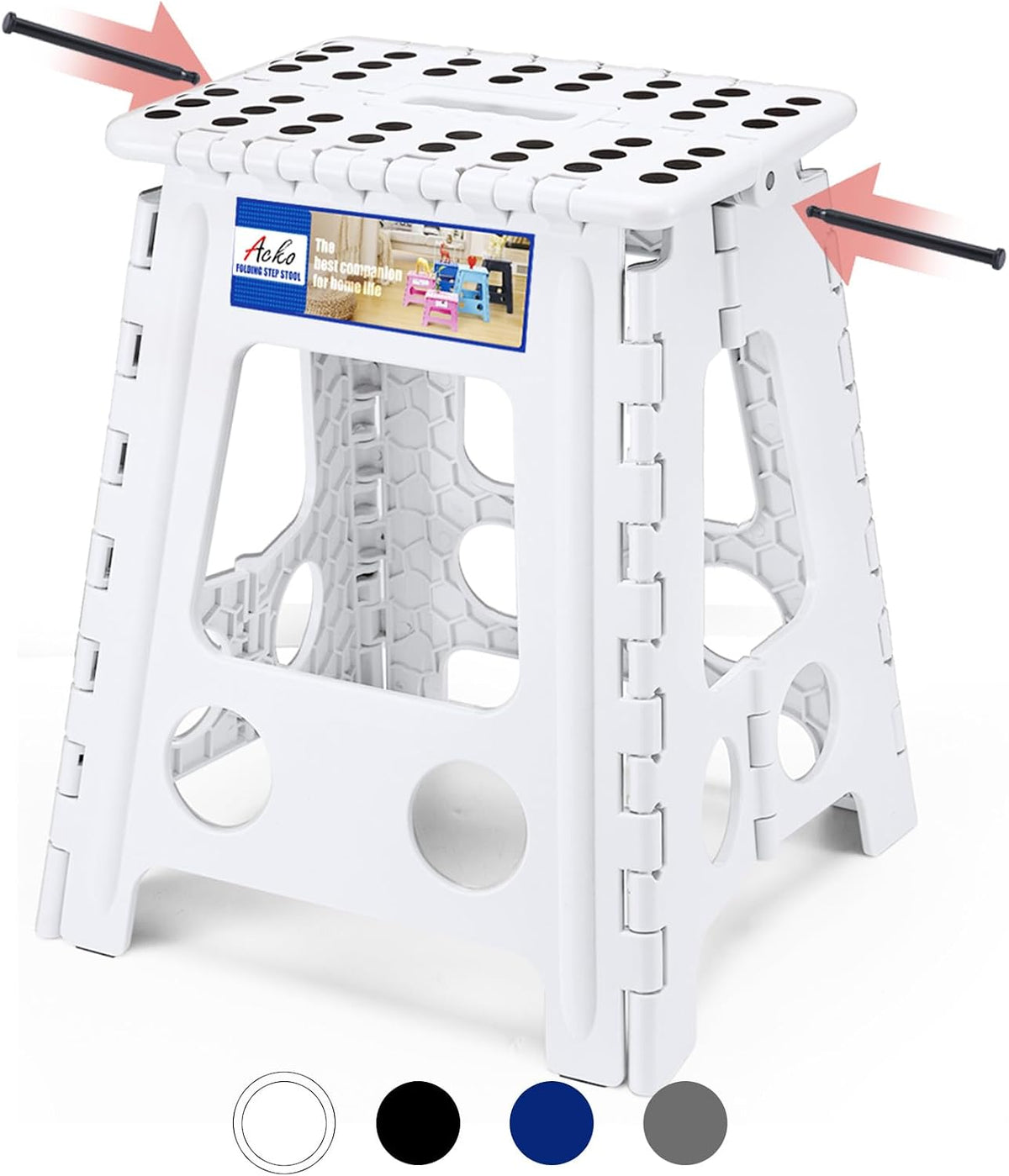 ACKO Folding Step Stool 16 Inch, 400 Lbs Capacity with Safety Lock, White