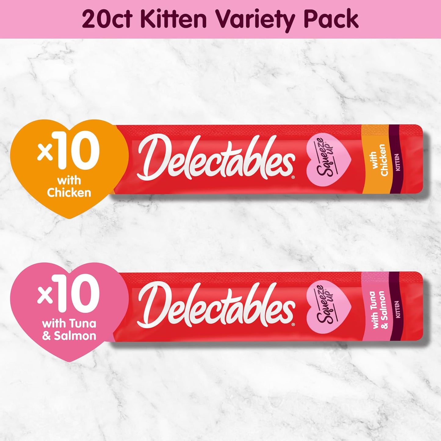 Delectables Squeeze up Kitten Variety Pack, Creamy Squeezable Puree, Lickable Wet Cat Treats, Grain Free, No Added Fillers, No By-Products, No Added Preservatives, 0.5 Ounces Tube, 20 Tubes Total