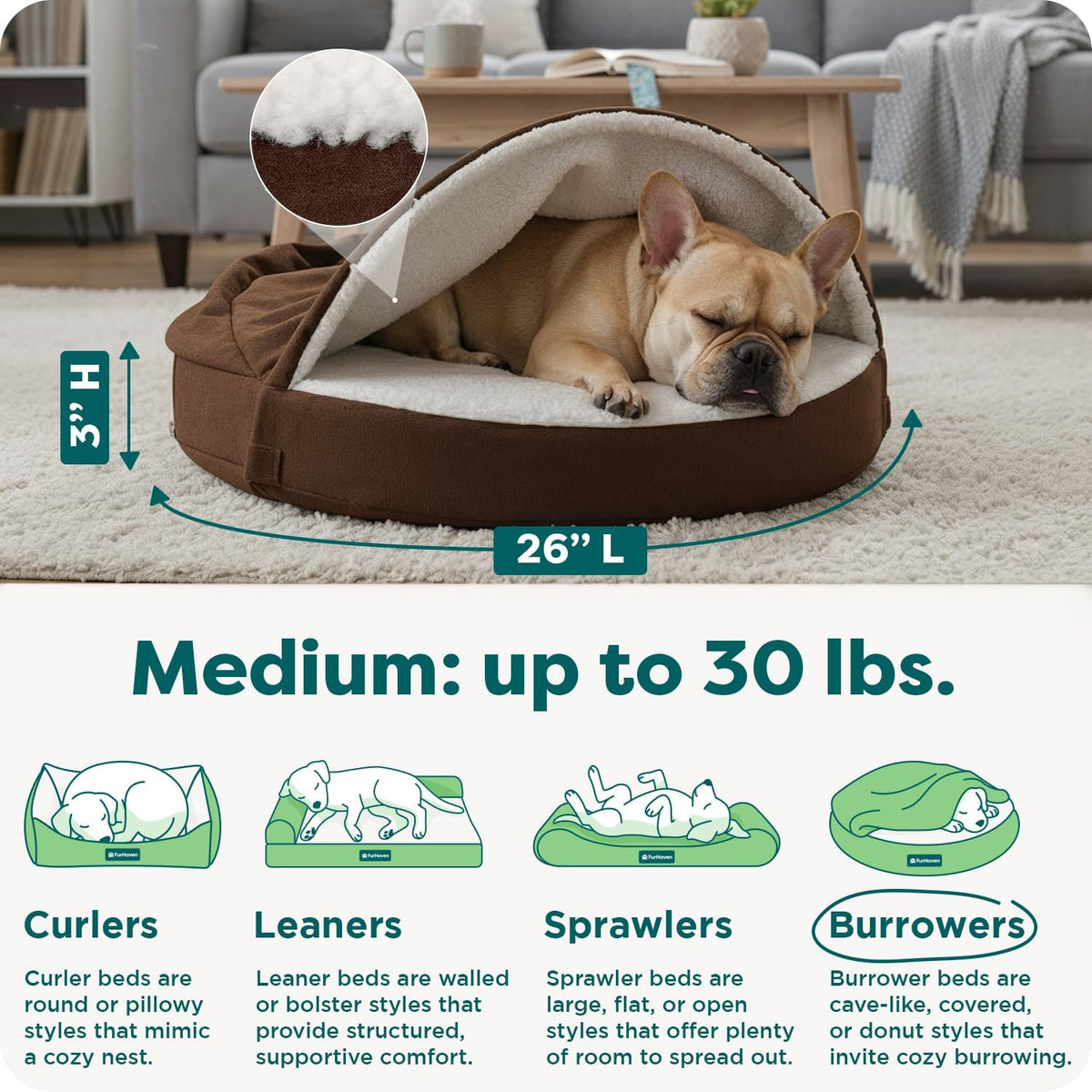 Furhaven round Orthopedic Dog Bed for Medium Dogs, Egg Crate with a Solid Orthopedic Foam Base with Attached Blanket Hood and Removable Washable Cover, Medium, Sherpa & Suede Snuggery, Espresso