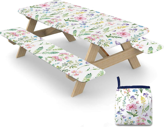 Flower Picnic Table Cover with Bench Covers,Waterproof Elastic Edges, 3Pcs