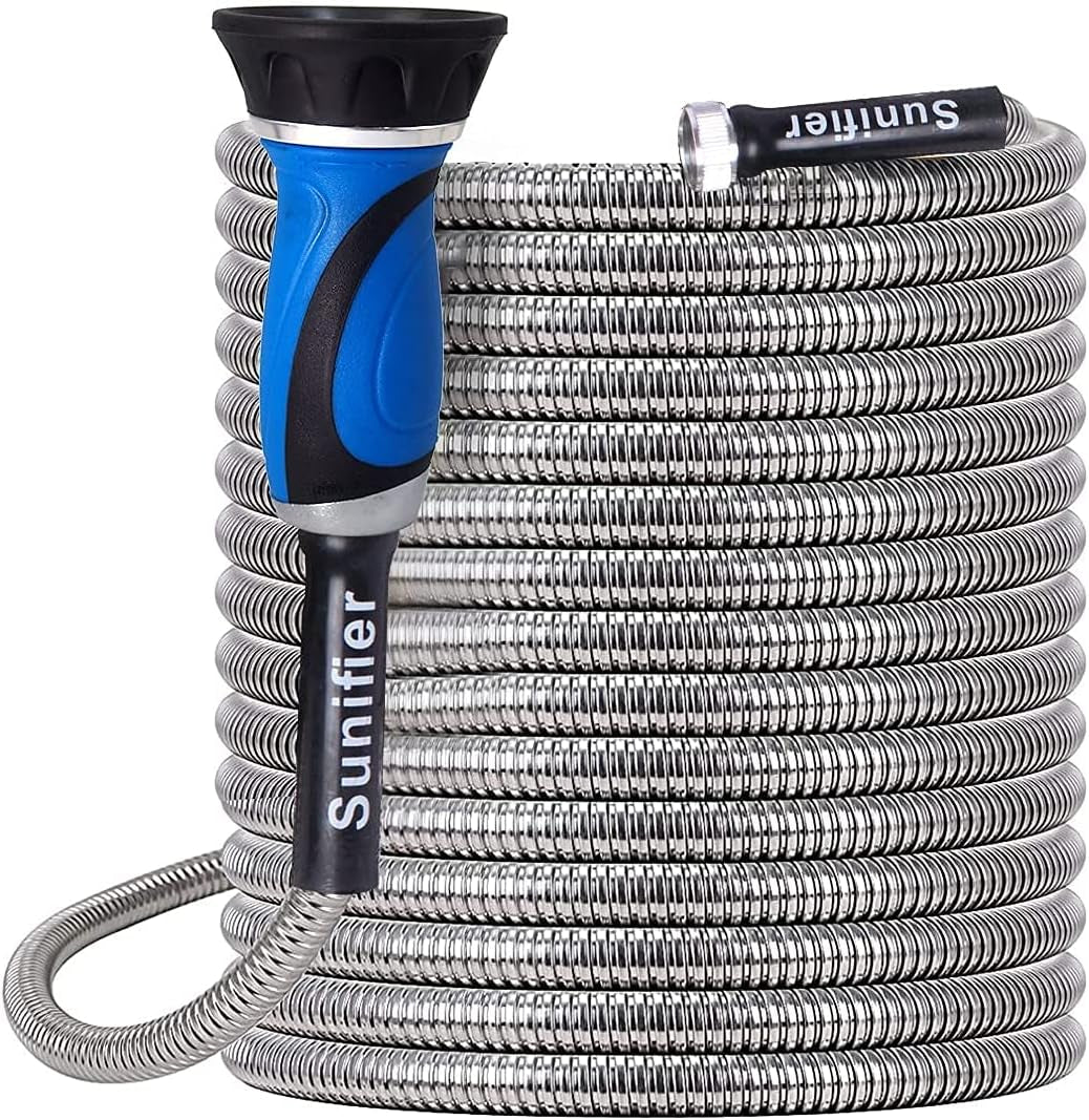 Metal Garden Hose 15 Ft 30 Ft with Hose Nozzle, Flexible Stainless Steel Water Hose 25 Ft 50 Ft Heavy Duty No Kink Hose 75 Ft 100 Ft (15FT)