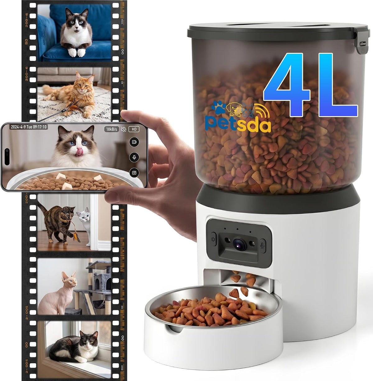 Automatic Cat Feeder with 2K Camera 5G Wifi 4L Timed Dry Food Dispenser APP Control, 15 Meals Programmable 1-20 Portion per Day Dual Power Supply with Stainless Bowl for Multiple Pet Easy Clean