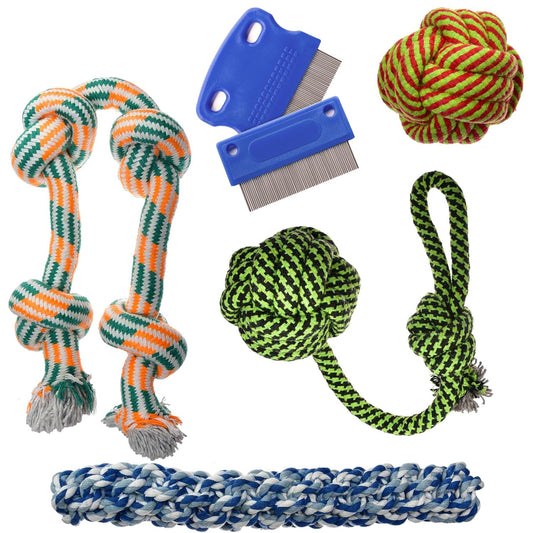 Pets&Goods Dog Grooming Comb & 4-Pack XL Rope Toy Bundle - Gentle Tear Stain Remover and Heavy-Duty Chew Toys for Medium & Large Dogs