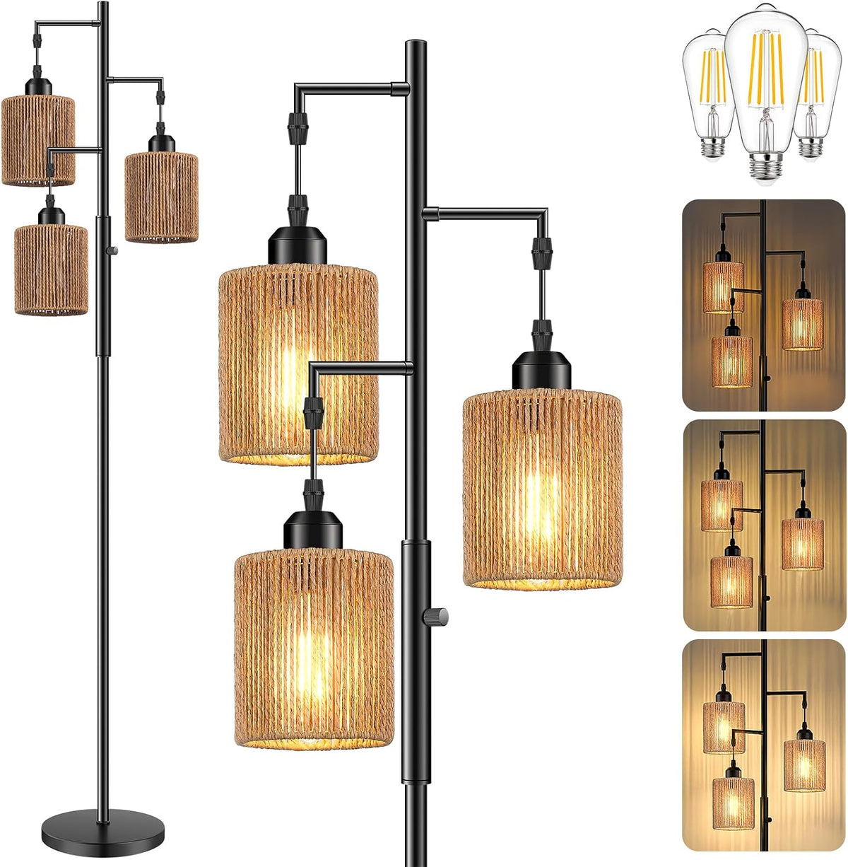 Hotsonic 72" Boho Rattan Tree Floor Lamp, Tall Dimmable Industrial Standing Lamp, Corner Decor Accent Lighting for Living Room, Bedroom, Dining Room, Nursery, Cafe (3 X 800LM Bulbs Included) - Black