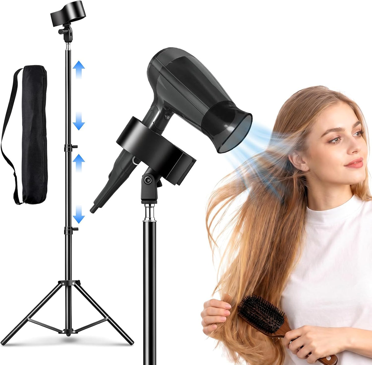 GUSTYLE Hair Dryer Stand Hands Free, 29-82 Inch Adjustable Height Hair Dryer Holder Tripod, Blow Dryer Stand with 180° Rotating Universal Clip for Bathroom, Vanity, Makeup Room, Salon, Pet Grooming