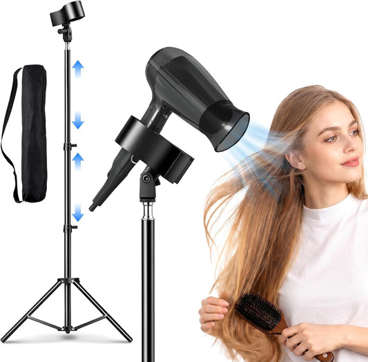 GUSTYLE Hair Dryer Stand Hands Free, 29-82 Inch Adjustable Height Hair Dryer Holder Tripod, Blow Dryer Stand with 180° Rotating Universal Clip for Bathroom, Vanity, Makeup Room, Salon, Pet Grooming