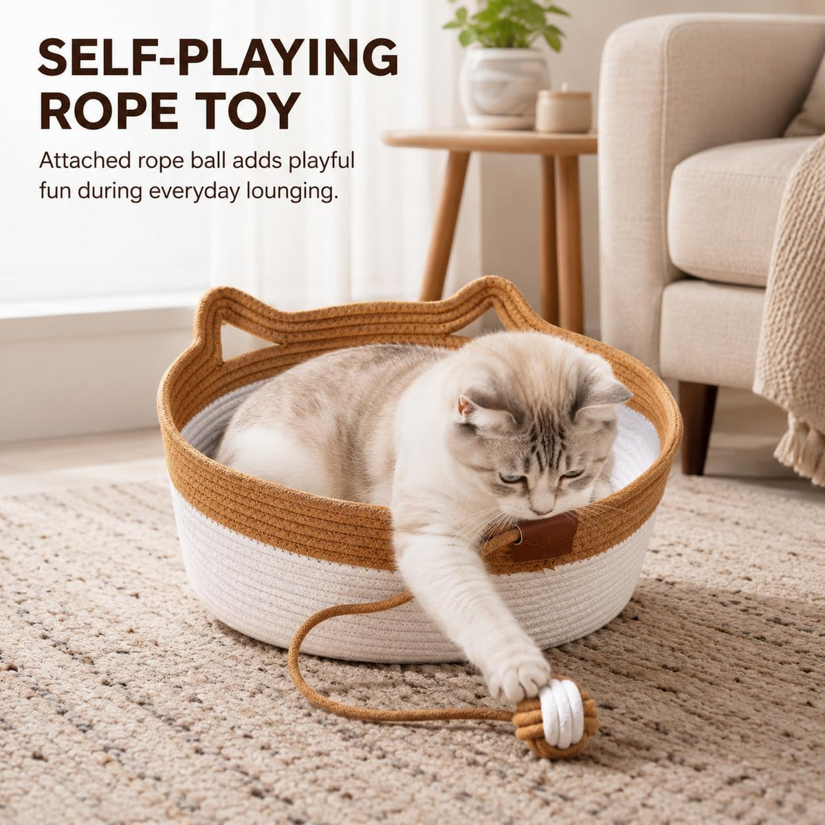 Large Instinct Basket Stimuli Cat Bed, Handwoven Cotton Rope Cat Basket