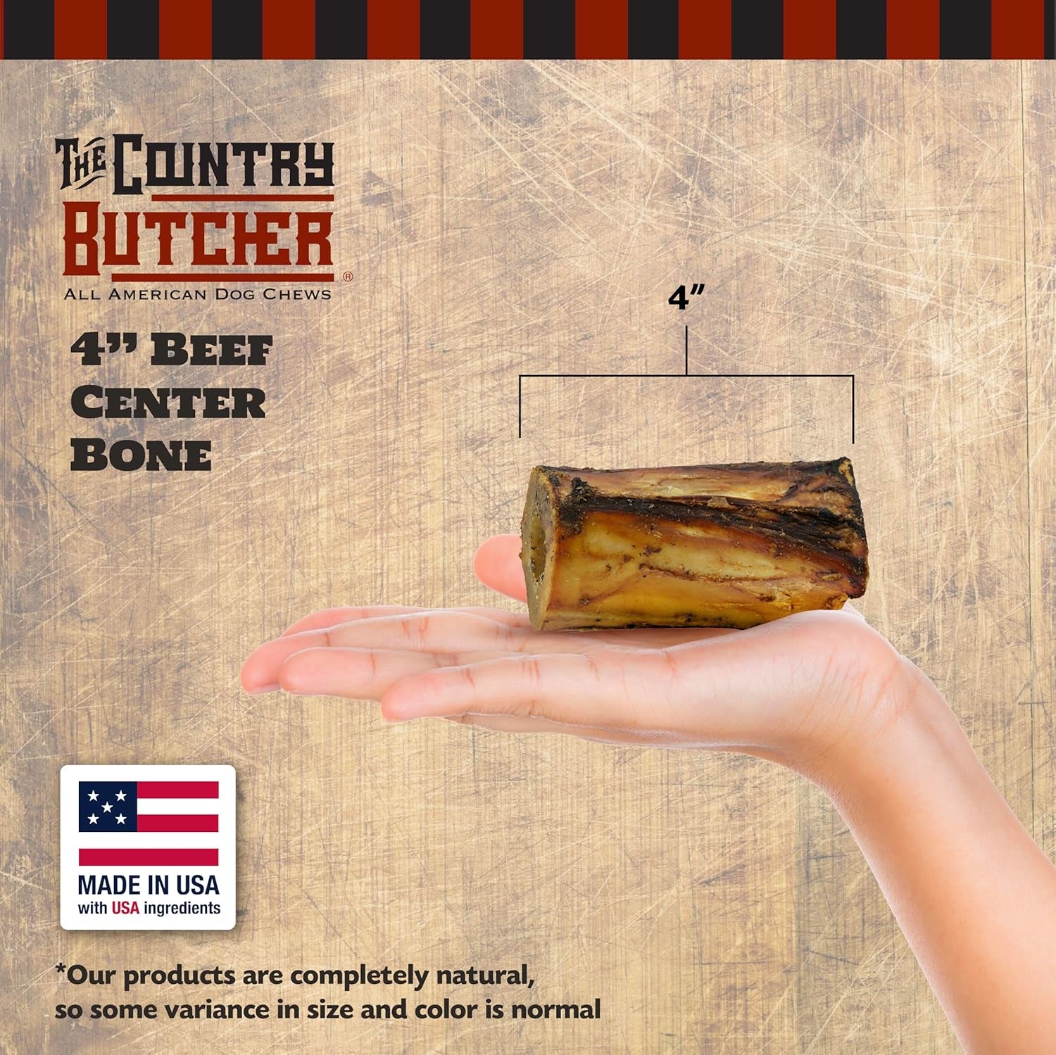 THE COUNTRY BUTCHER 4" Beef Marrow Dog Bones for Aggressive Chewers, Large and Medium Breed Dog Treat, Natural, Tough, Chew Toy, Made in the USA, 3 Count