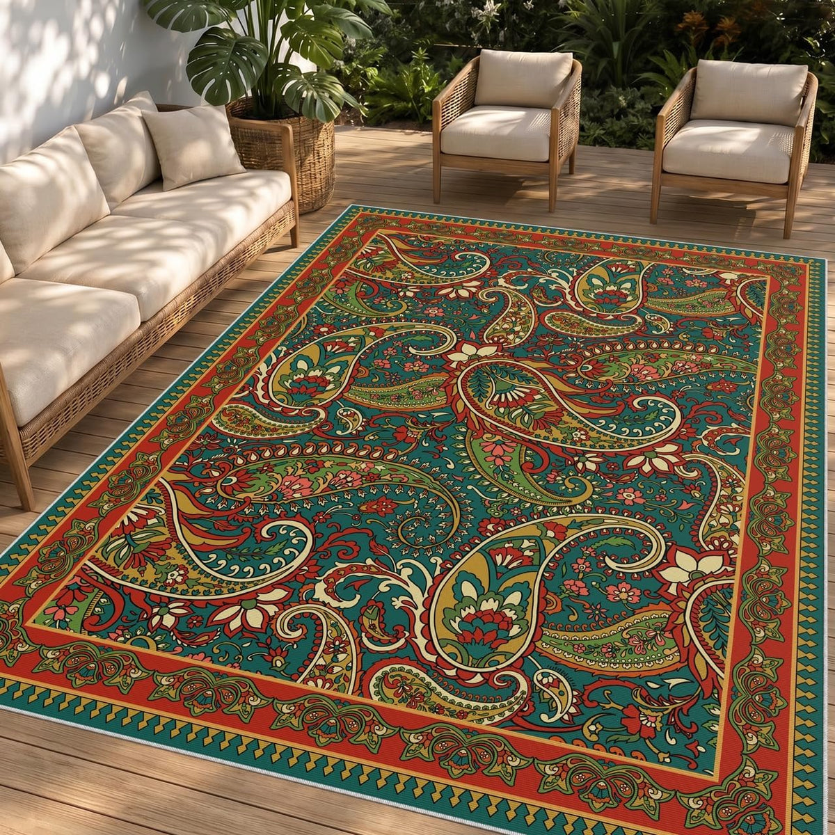 Arenarug Paisley Waterproof Outdoor Rug 5X8, UV Resistant, Terracotta