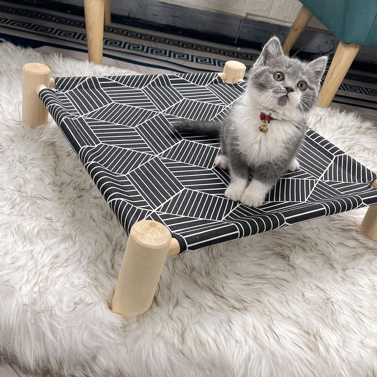 Pozico Cat/Dog Bed Hammock Cat Bed, Wooden Dog Elevated Indoor Outdoor Beds, Raised Cat Cots Furniture Pet Bed Puppy Bed Portable Breathable Mesh Cat Beds for Small Animals-Black Diamond