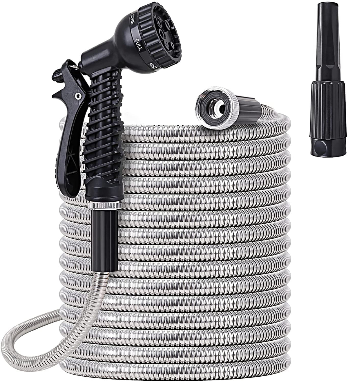 Metal Water Hose 25 Ft - Stainless Steel Water Hose with 2 Nozzles, Lightweight, Tangle Free & Kink Free, Heavy Duty, High Pressure, Flexible, Dog Proof