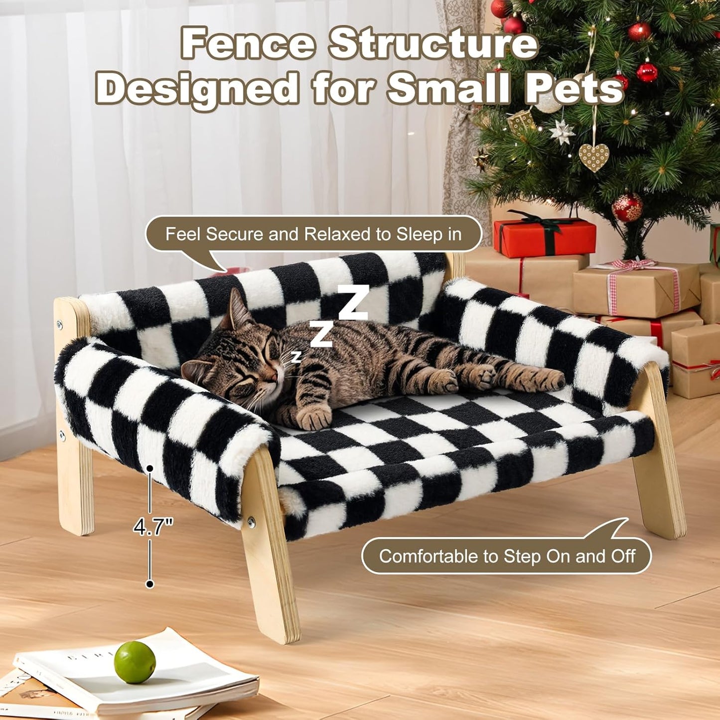 FAMIDGE Elevated Cat Couch Bed for Indoor Cats - Wooden Pet Sofa with Removable Washable Thick Cover Raised Kitty Lounge Chair Suitable for Puppy or Small Animals(Cat Sofa Chessboard)