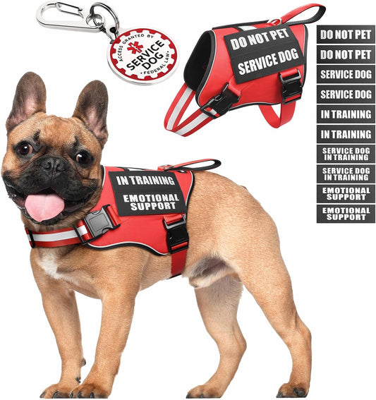 Service Dog Vest Harness+Id Tag+10 Patches,Metal Serivce Dog Tag&Reflective Emotional Support Dog Vest with Handle for Small Dogs,Easy Put On/Off for Training/Walking/Everyday Red S